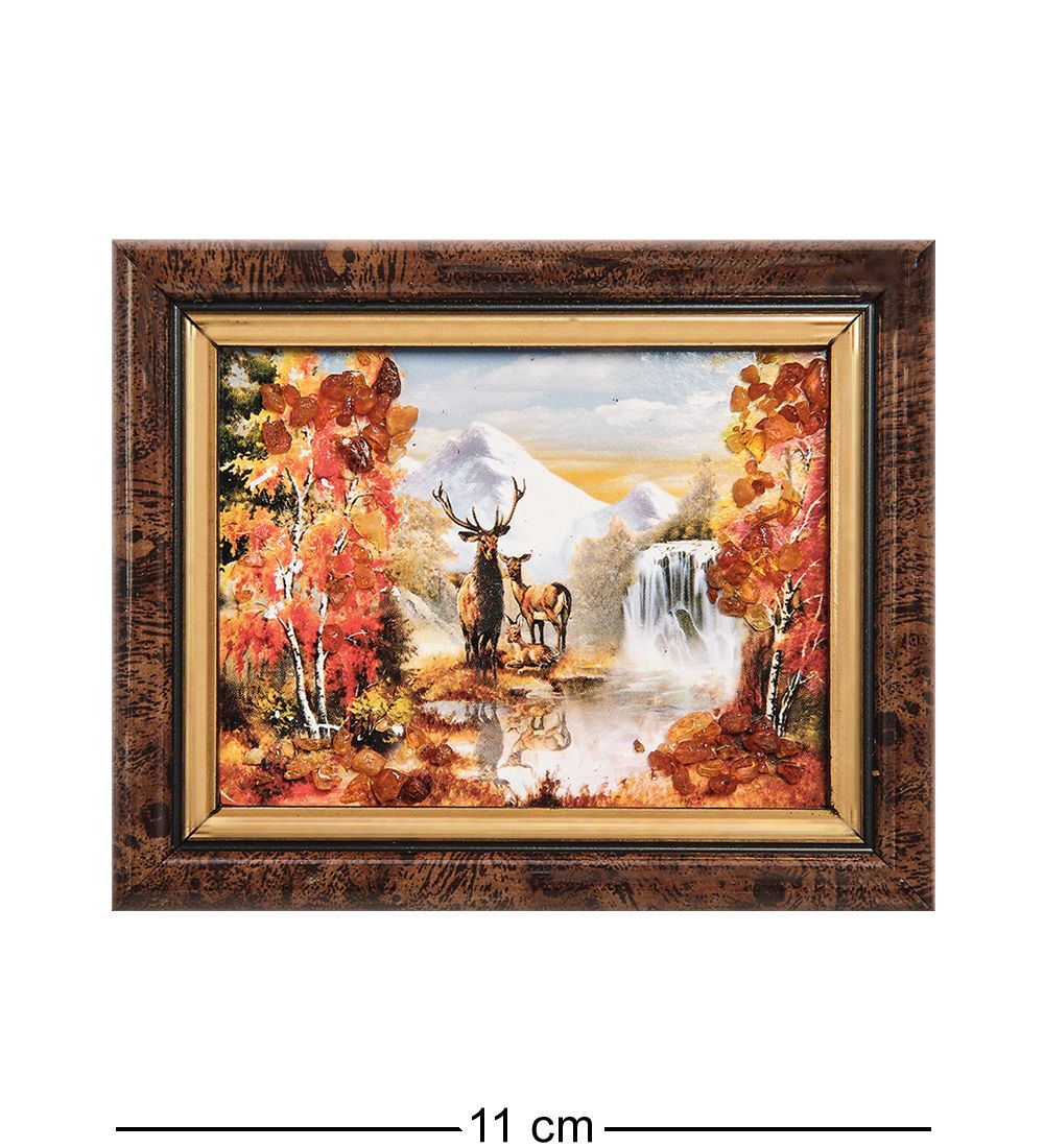 AMB-05/ 1 Картина «Олени у реки» (с янтарной крошкой) L-11см