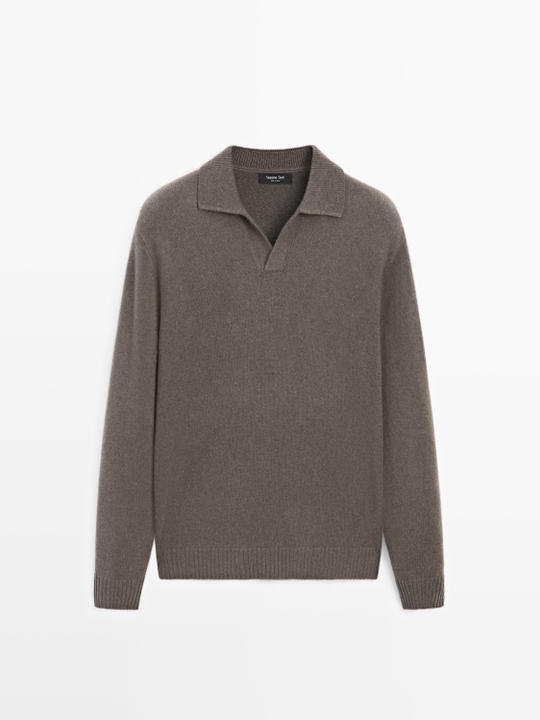 Massimo Dutti Свитер поло из смесовой шерсти с V-образным вырезом, серый