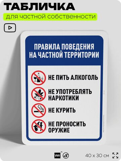 Табличка для частной территории "Правила поведения на частной территории", на дом, для участка, организаций, предупреждающая, 40х30 см, Silver Plane x Айдентика Технолоджи