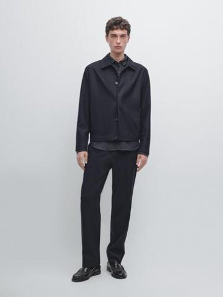 Massimo Dutti Куртка-рубашка из 100% шерсти с эффектом вельвета, темно-синий