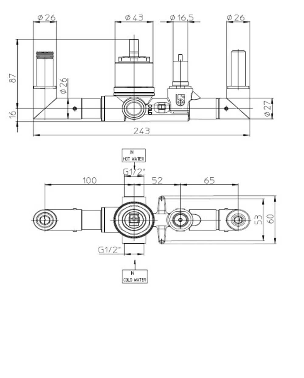 Bossini Apice скрытая часть для встраиваемого смесителя для ванны Z00555/Z00557, на 2 выхода