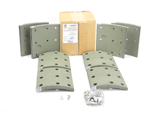 Рем. комплект тормозных накладок а/м КАМАЗ-6520, 6560 ЕВРО после 06.2013 г. (материал ТИИР-417, повышенный ресурс/ Сверл./расточен./с заклёпками/ширина 180мм., 9 отв./ к-т 8 шт. короткие, 6520-3501105-51-01/ доп. арт.: 6520-3501105-К, RU 372 HD, 6580-3501105) АО ТИИР г. Ярославль