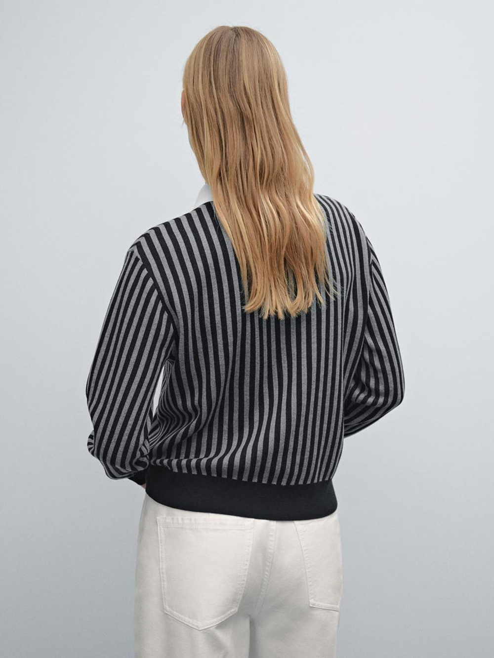 Massimo Dutti Свитер в полоску с воротником поло, серый