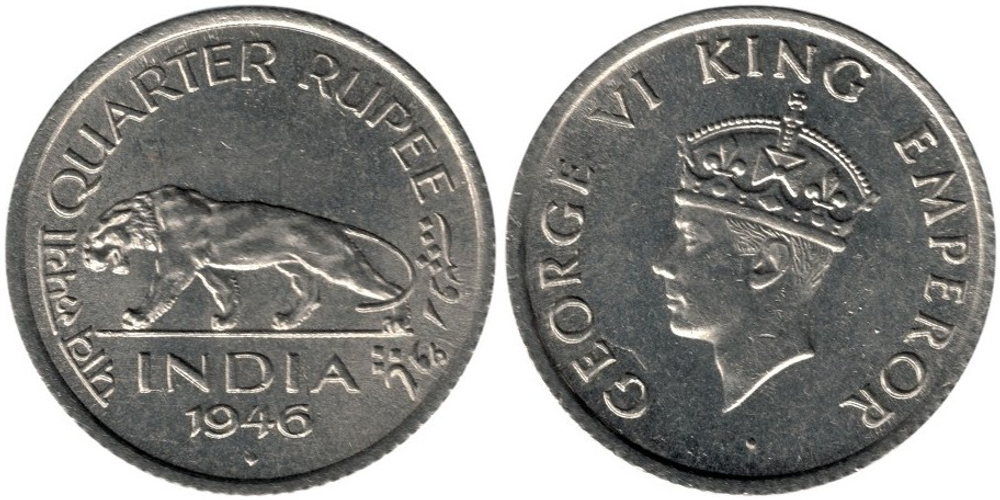 Индия - Британская 1/4 рупии, 1946 Тигр VF