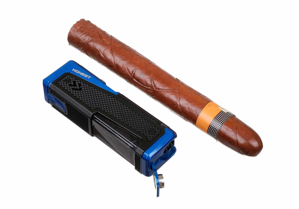 Зажигалка сигарная Honest, четверное пламя, с пробойником и сигарным ложементом, синяя 778-Blue