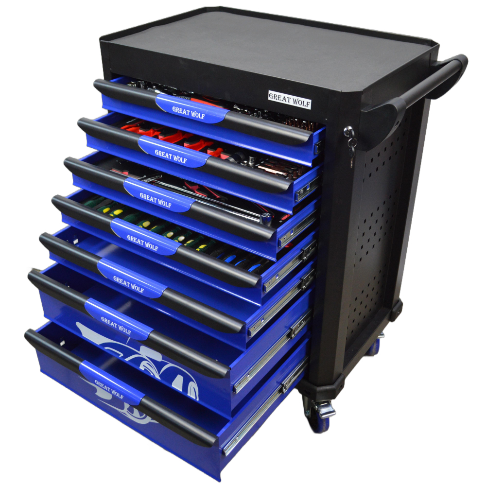 Инструментальная тележка с инструментом GW-7ST1 Blue (Great Wolf, 249поз), 7 ящиков, увеличенные колеса с тормозом, ЦЗ