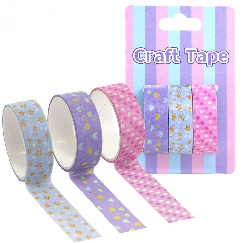 Декоративная клейкая лента Alingar, 1,5 см х 2 м, 3 шт, "Звездочки, сердечки, горошек",асcорти, европодвес