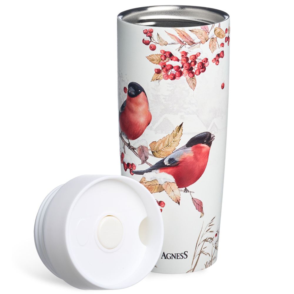 ТЕРМОКРУЖКА AGNESS "СНЕГИРИ" 360МЛ, КОЛБА НЕРЖ.СТАЛЬ 18/10