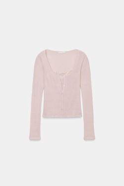ZARA КАРДИГАН С КОНТРАСТНЫМ КРУЖЕВНЫМ ТОПОМ, РОЗОВЫЙ МЕЛАНЖ
