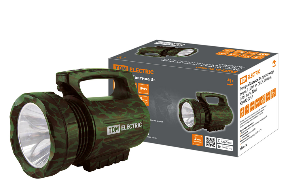 Фонарь"Тактика 3", прожектор аккум.,1 LED 5 Вт CREE, 260 лм, Li-Ion 4 А*ч, TDM SQ0350-0052