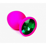 Анальная пробка из розового силикона с зелёным кристаллом (размер S)
