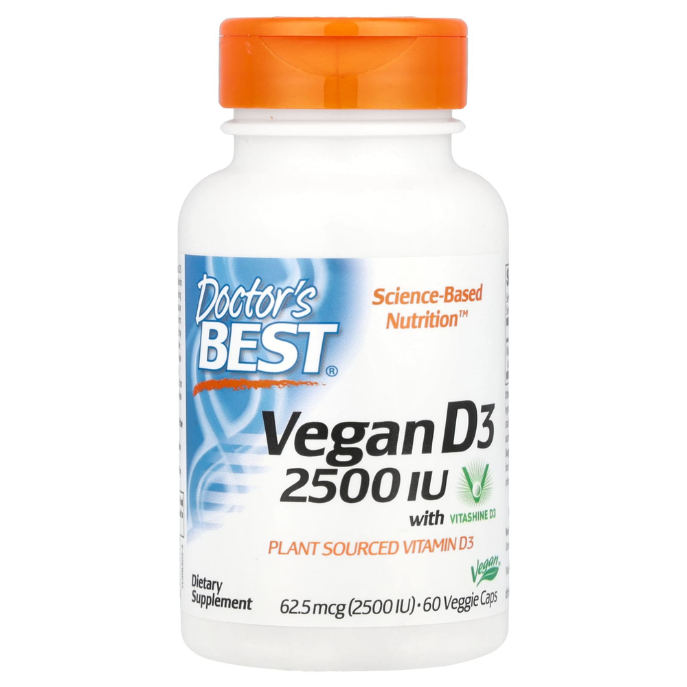 Doctor's Best, веганский витамин D3 с Vitashine D3, 2500 МЕ, 60 вегетарианских капсул