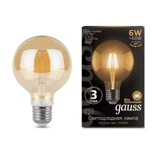 Лампа Gauss LED Filament G95 6W E27 550lm 2400K Golden 105802006