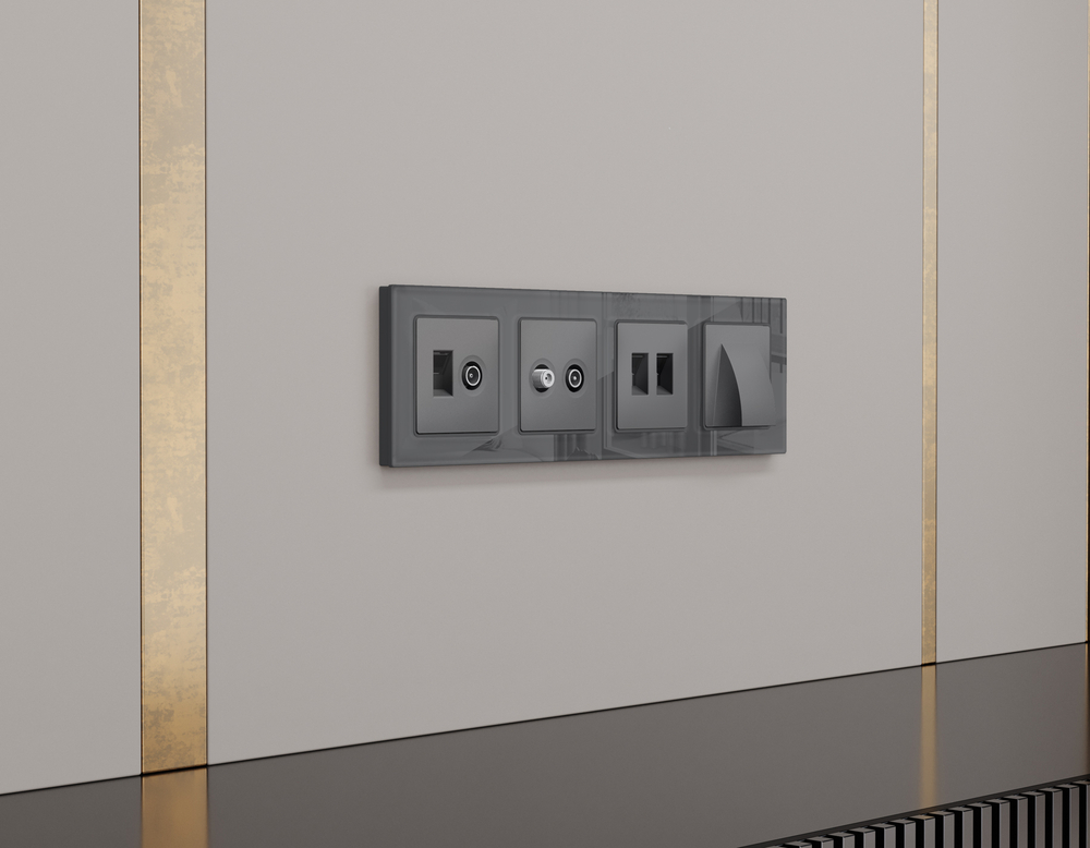 MA662510 Комплект механизма розетки компьютерной + TV оконечной RJ-45 с автоматической защитной шторкой ALFA Антрацит серый (AP6625, VM195)