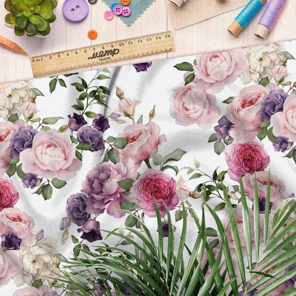 Ткань флис розово-фиолетовые пионы