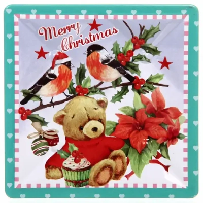 Банка жестяная 9*9*9см «Мишка и снегири»