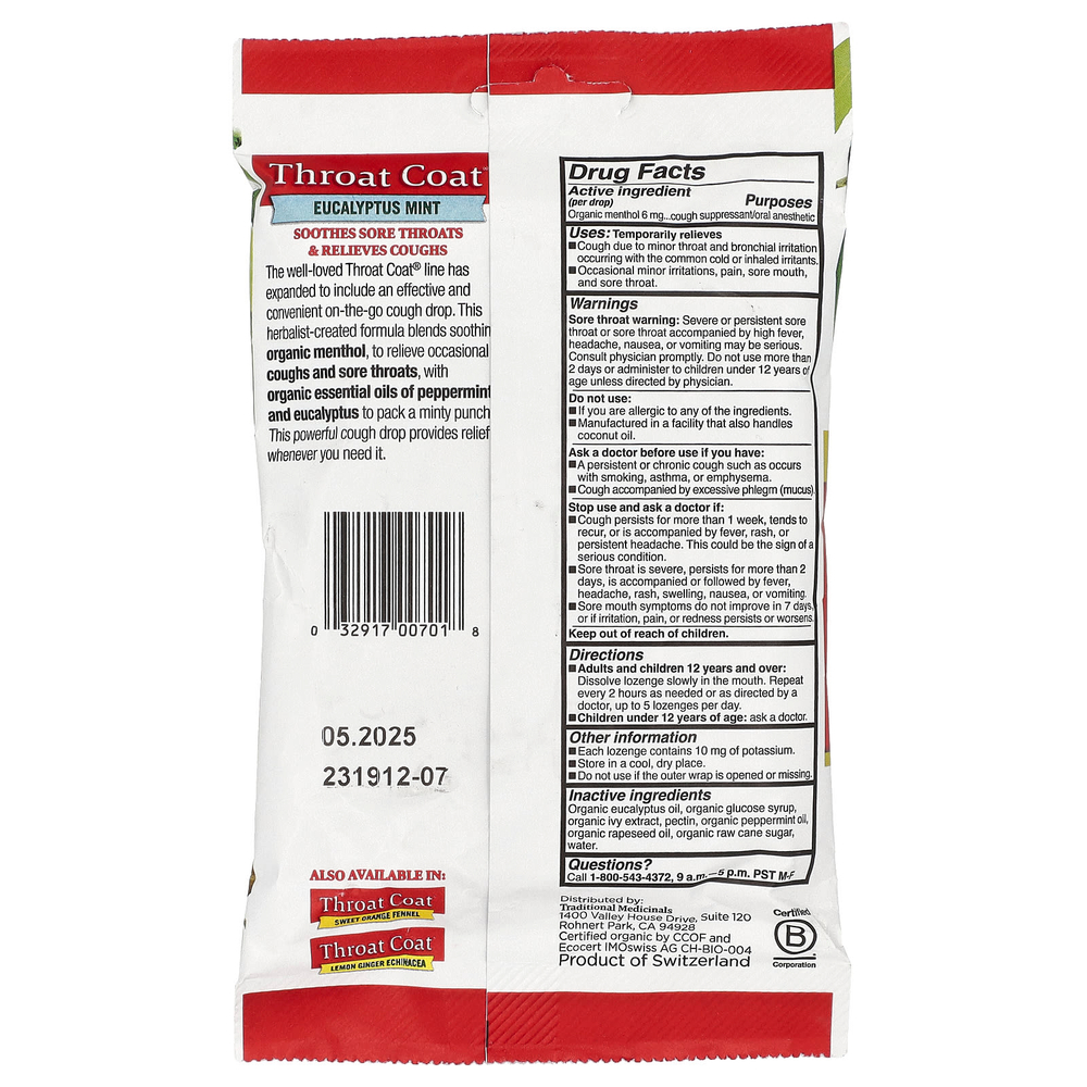 Traditional Medicinals, Organic Throat Coat®, леденцы от кашля с эвкалиптом и мятой, 16 шт.