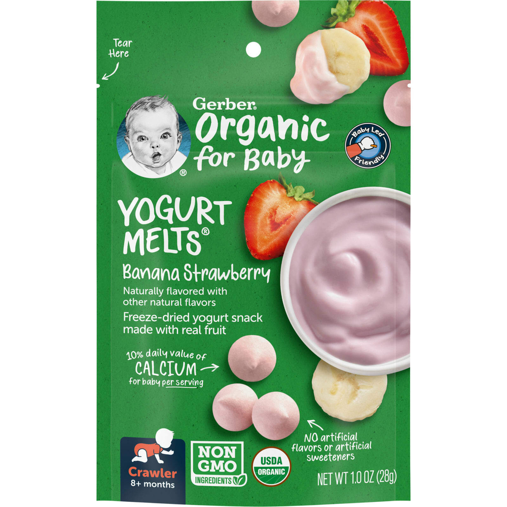 Gerber, Organic, Yogurt Melts, для малышей от 8 месяцев, с бананом и клубникой, 28 г (1,0 унция)