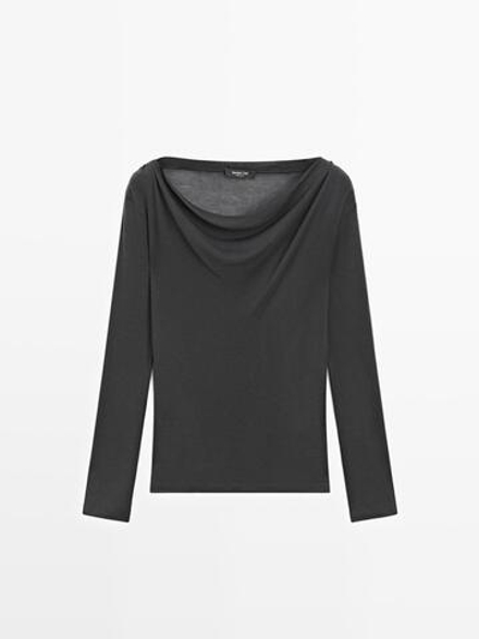 Massimo Dutti Футболка с длинными рукавами и драпированным вырезом, свинцовый