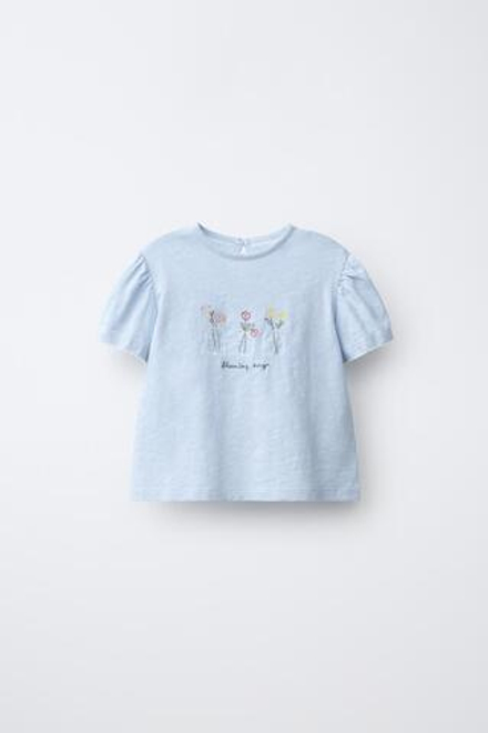 ZARA ФУТБОЛКА С ЦВЕТОЧНОЙ ВЫШИВКОЙ, СИНЕВАТЫЙ