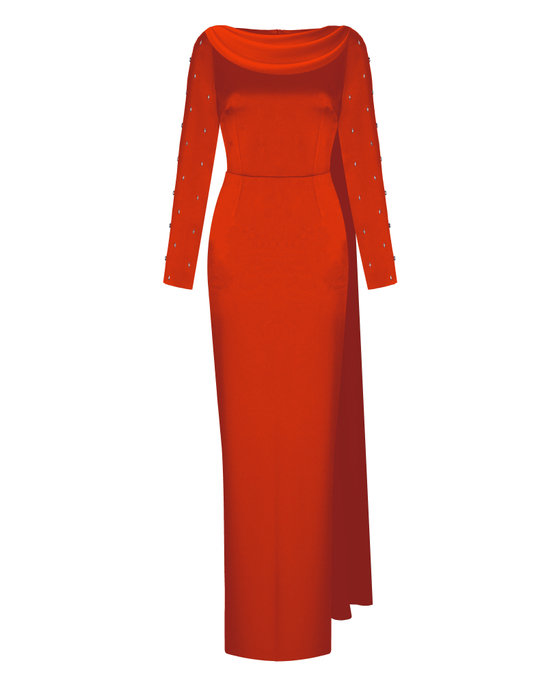 Платье макси сатиновое с драпированным воротником и вышивкой на рукавах