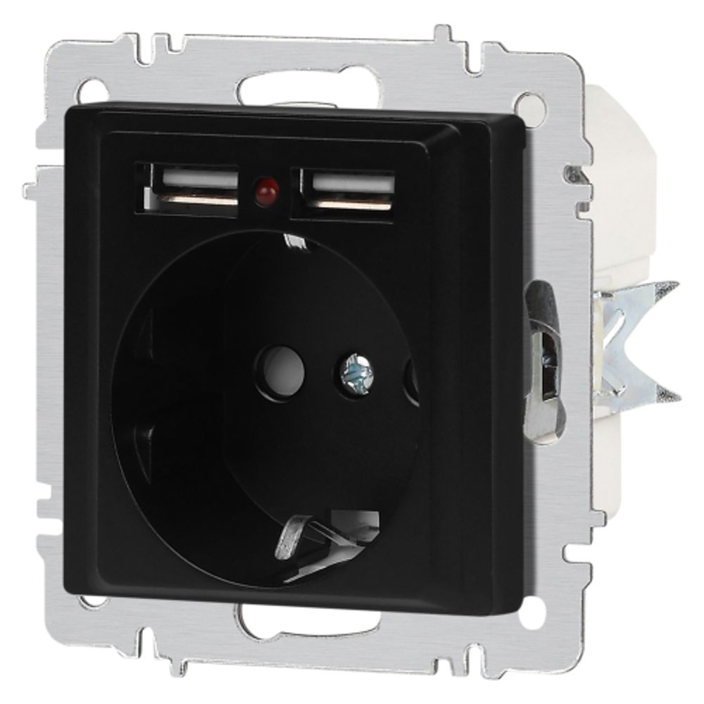 Розетка Intro Accent 6-410-05 с заземлением 2P+E Schuko со шторками 16А-250В + 2хUSB IP20 СУ антрацит | Intro