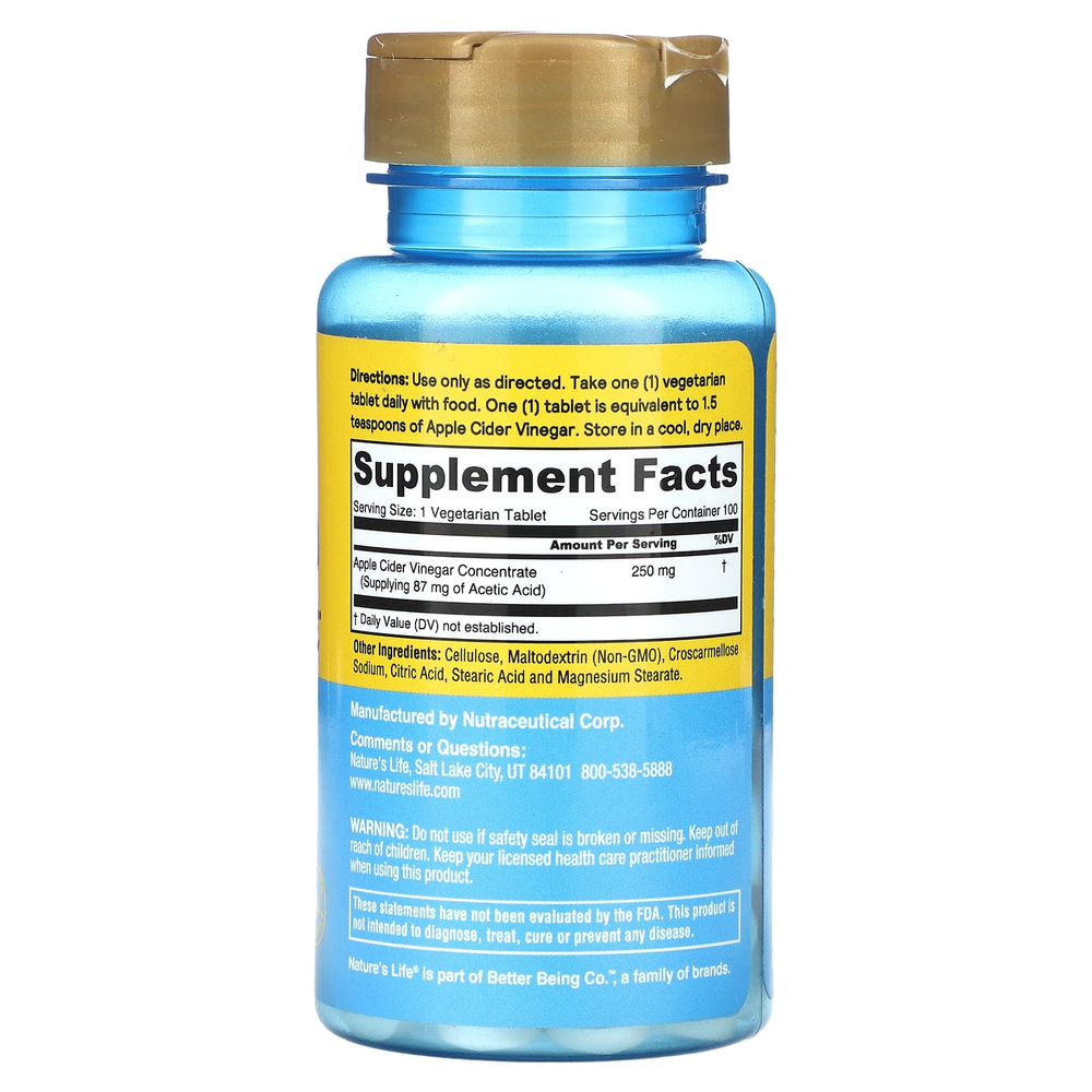 Nature's Life, Яблочный уксус, 250 мг, 100 таблеток