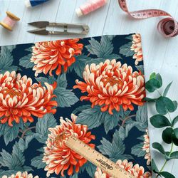 Ткань премиум Оксфорд 600D хризантемы на сероголубых листьях