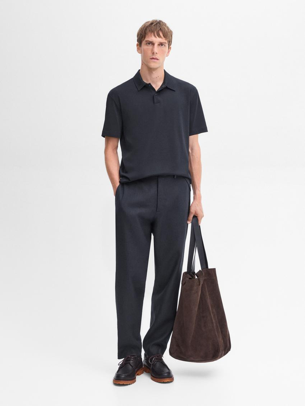 Massimo Dutti Хлопковая футболка-поло с короткими рукавами, темно-синий