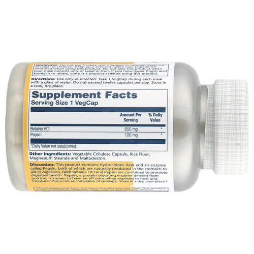 Solaray, высокоэффективный бетаин гидрохлорид с пепсином, 100 капсул VegCap