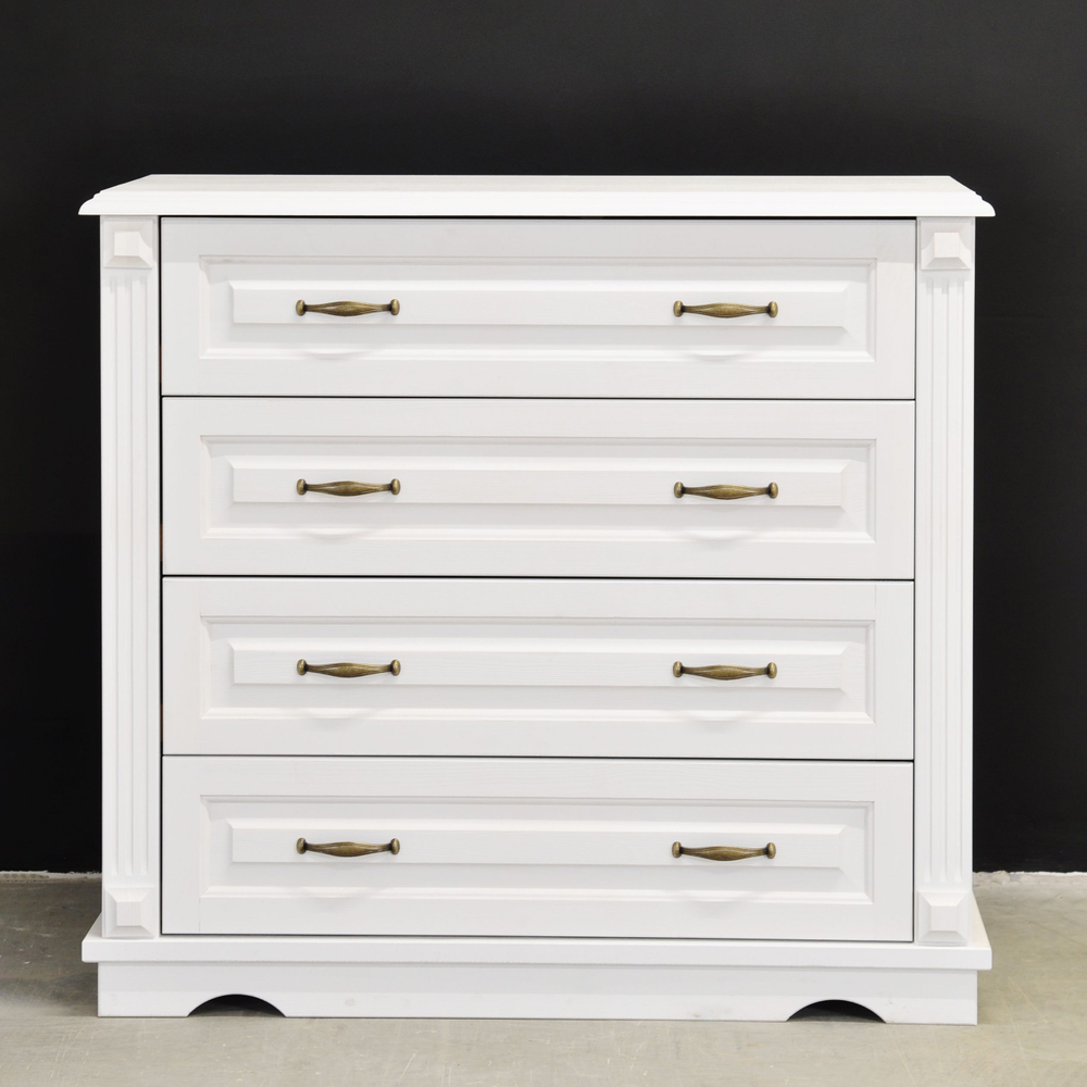 Комод белый с ящиками Харви из массива сосны с филенкой для спальни и кухни в викторианском стиле, комод деревянный для вещей и одежды на ножках напольный