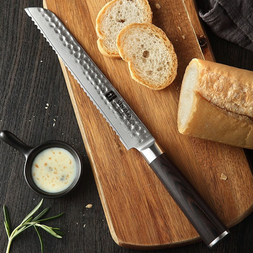Кухонный нож Xinzuo B1H Bread нож 8 дюймов клинок 67 Layers Damascus рукоять дерево pakka, длина лезвия 20 см