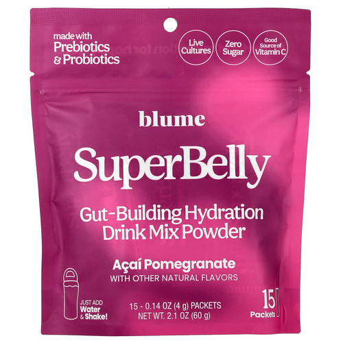 Blume, SuperBely, смесь для приготовления гидратированного напитка для формирования кишечника, со вкусом граната асаи, 15 пакетиков по 4 г (0,14 унции)
