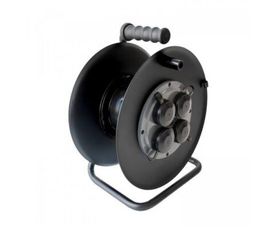 Катушка для удлинителя металлическая без провода от 1 м до 50 метров, 4 розетки, с заземлением IP 44.