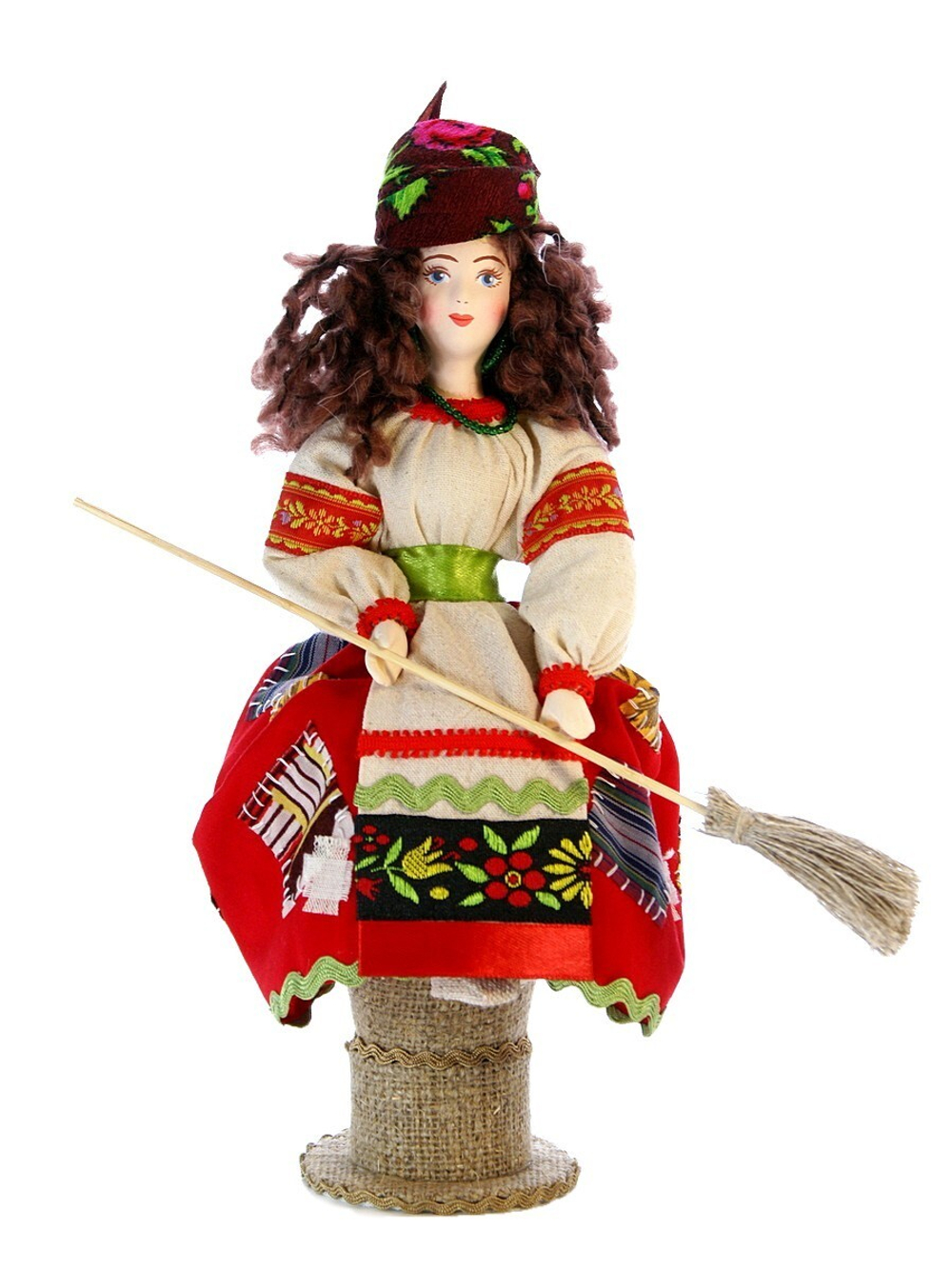 Кукла коллекционная молодая Баба Яга на ступе с помелом.