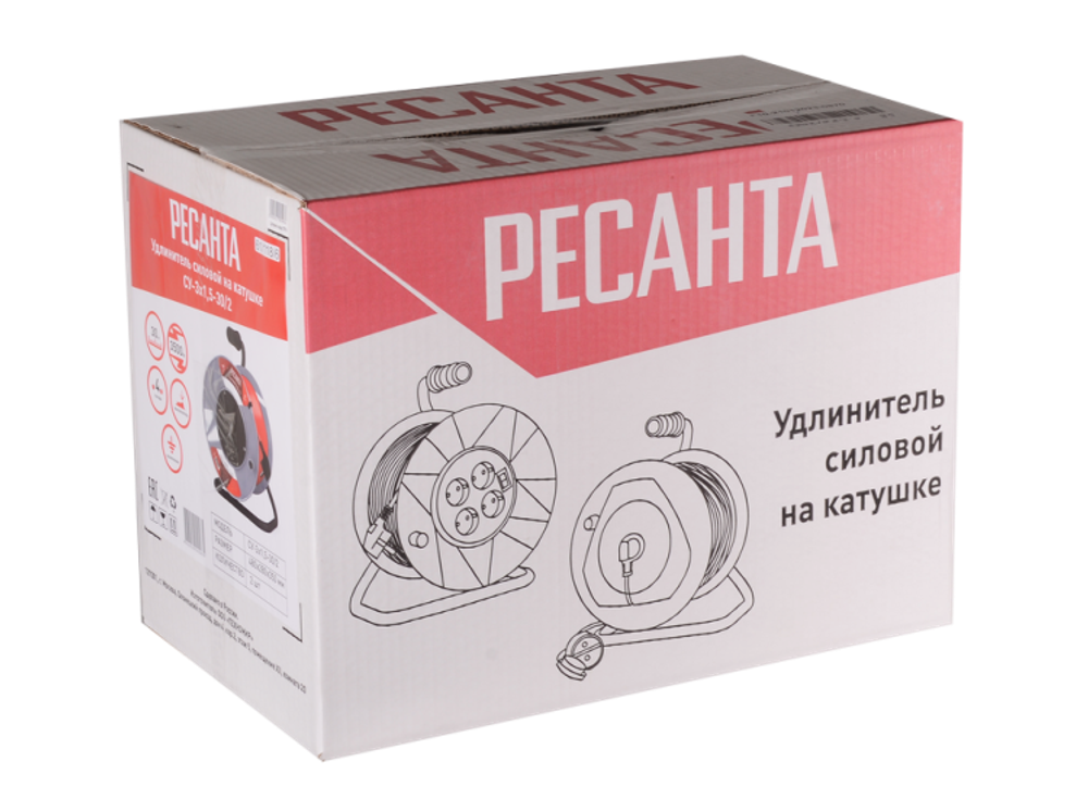 Удлинитель силовой на катушке Ресанта СУ-3х1,5-30/2 (с выкл., 4 розетки)