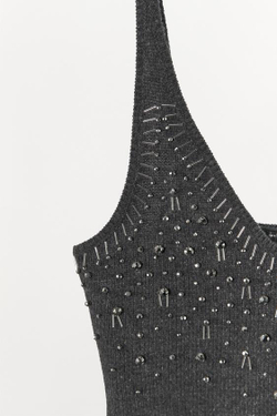 ZARA ТРИКОТАЖНЫЙ ТОП С БУСИНАМИ И СТРАЗАМИ, ТЕМНО-СЕРЫЙ