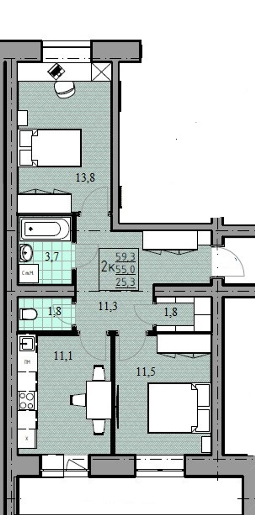 2-комнатная квартира, 55,0 м² / Чистовая отделка