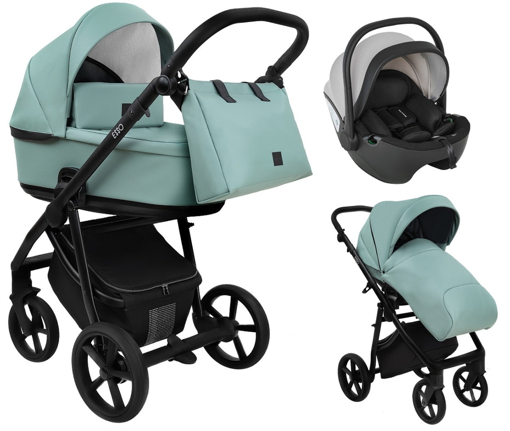 Детская коляска Roan Esso Кожа 3 в 1 с автокреслом Pituso Baesa Pro Black,Beige Canopy ESSK/214/1 Misti Mint/Grey/руч.Черный