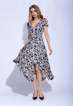 Женское чёрно-бежевое платье миди на молнии