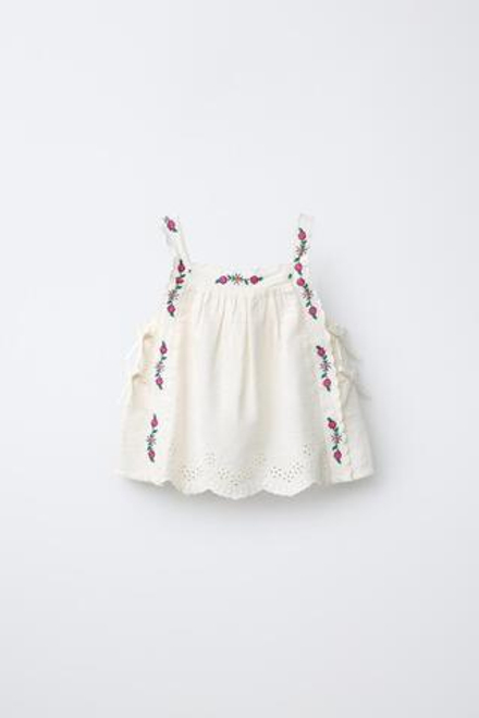 ZARA ТОП С ВЫШИТЫМИ ЦВЕТАМИ ИЗ ХЛОПКА И ЛЬНА, ЭКРЮ