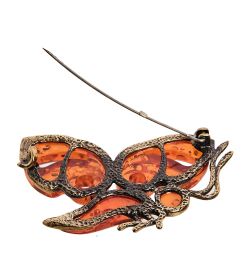 AM-2538 Брошь «Бабочка Воображение» (латунь, янтарь)