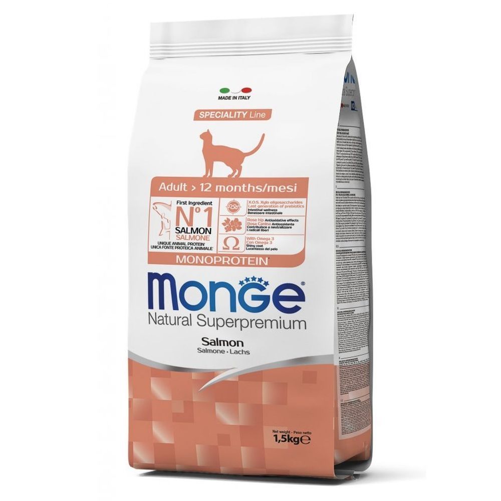 Сухой корм Monge Cat Speciality Line Monoprotein Adult взрослых кошек с лососем, Пакет 1,5 кг Сухой корм Monge Cat Speciality Line Monoprotein Adult взрослых кошек с лососем, Пакет 1,5 кг