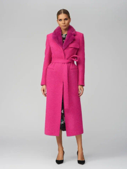 Женское пальто фуксия шерстяное с поясом и прорезными карманами