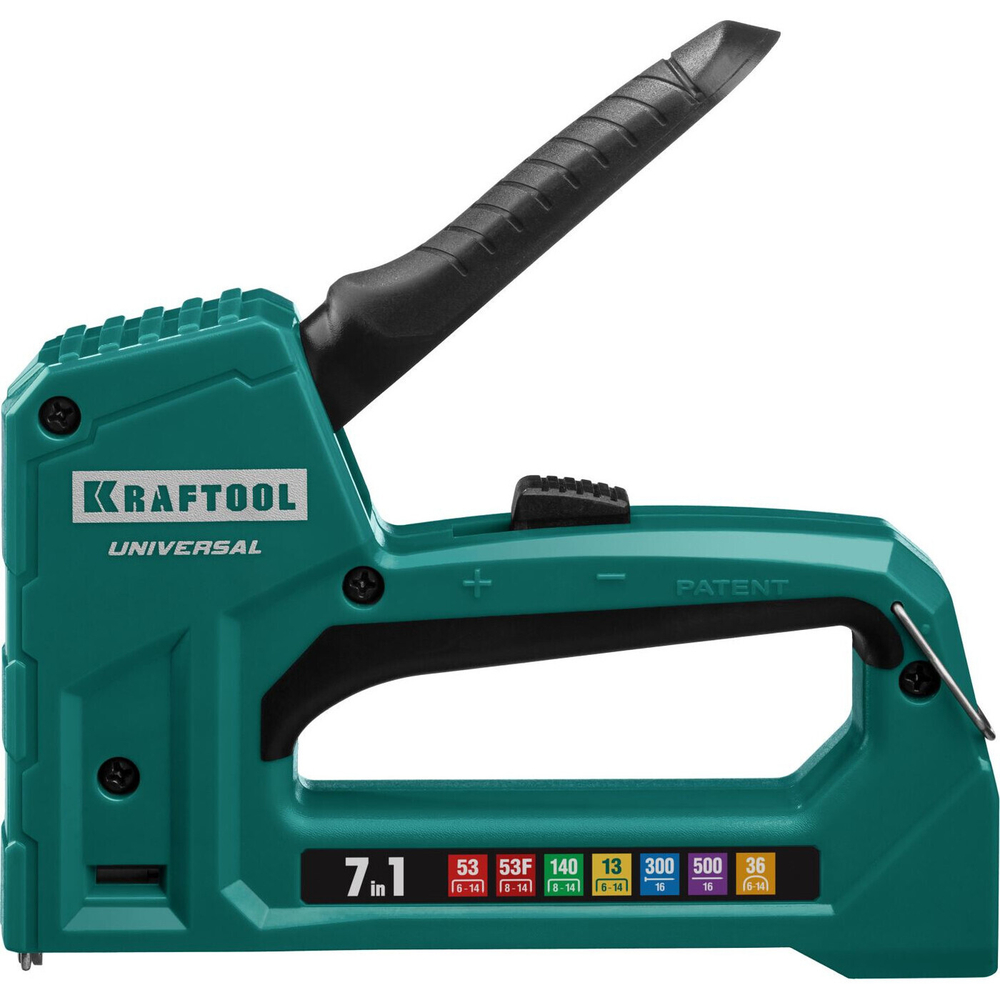 Степлер для скоб Universal 7-в-1: 53(6-14мм)/53F(10-14мм)/140(10-14мм)/13(6-14мм)/36(10-14мм)/300(16мм)/500(16мм), скобы в компл, KRAFTOOL 31524