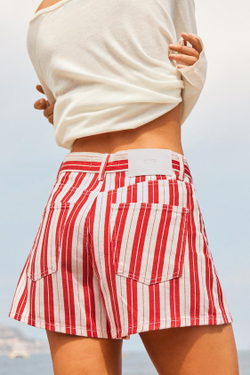 ZARA ШОРТЫ MOM FIT В ПОЛОСКУ, КРАСНАЯ ПОЛОСКА
