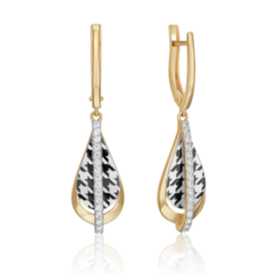 Серьги с принтом «Гусиная лапка» из лимонного золота c фианитами и эмалью Артикул: 02-5203-00-401-1121