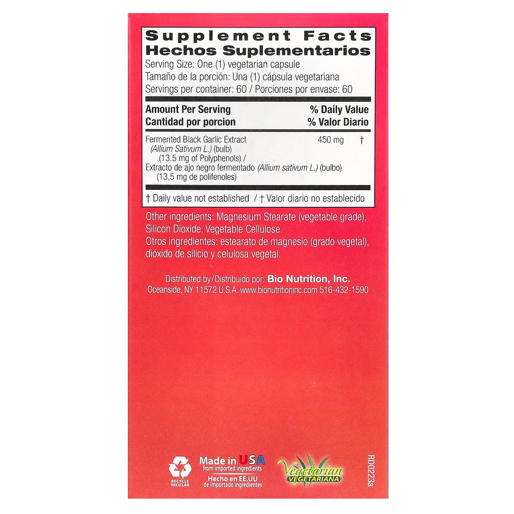 Bio Nutrition, Ферментированный черный чеснок, 450 мг, 60 вегетарианских капсул