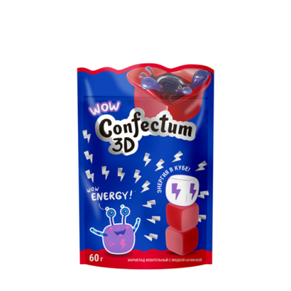 Жевательные мармеладные конфеты "Confectum Funny 3D Energy" в форме куба со вкусом тропических фруктов, 60 гр х 64 шт
