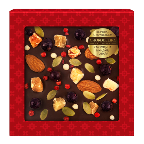 Шоколад темный с украшением "Смородина, миндаль, папайя" в блистере, 75гр.